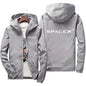 Men's SpaceX logo hoodie from BACKUPMYFILESNOW.COM, casual spring-autumn zip-up jacket with printed SpaceX logo, sporty and protective.