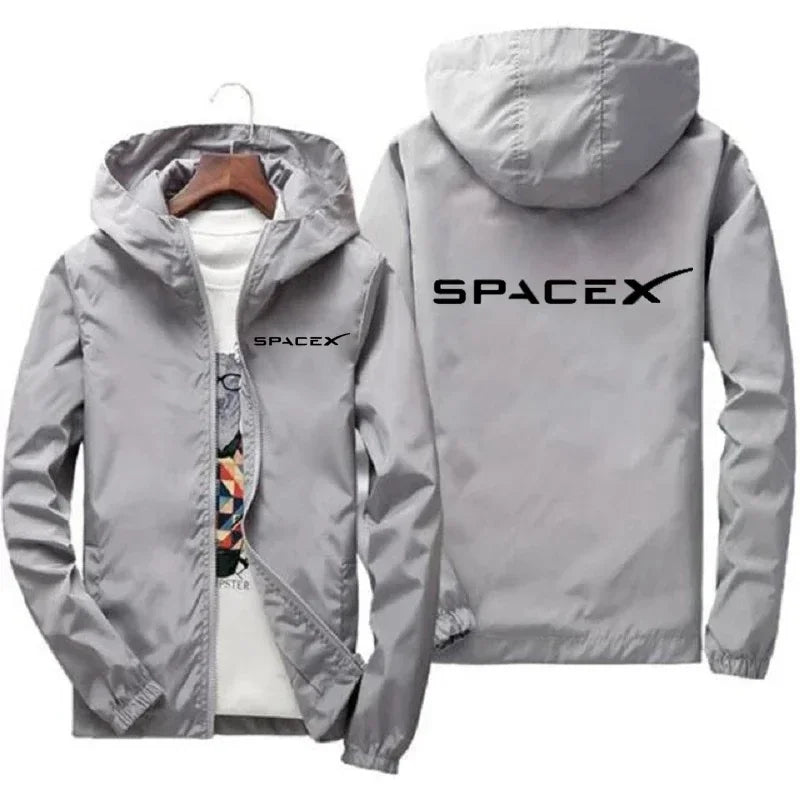 Mens SpaceX logo hoodie, casual spring/autumn jacket with zipper, protective racing suit style, by BACKUPMYFILESNOW.COM®