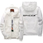 Men's SpaceX logo hoodie, casual spring/autumn jacket with zipper, protective racing style, in black with SpaceX branding.