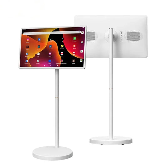 32-inch Android 15 Smart TV with 6G RAM, 128G storage, floor stand tablet, remote, 2K camera, and built-in 148W battery.