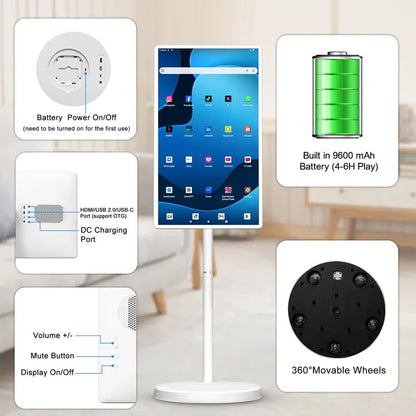 BackupMyFilesNow.com 32-inch Android 15 Smart TV with floor stand tablet, remote, 2K camera, and 148W battery in white.