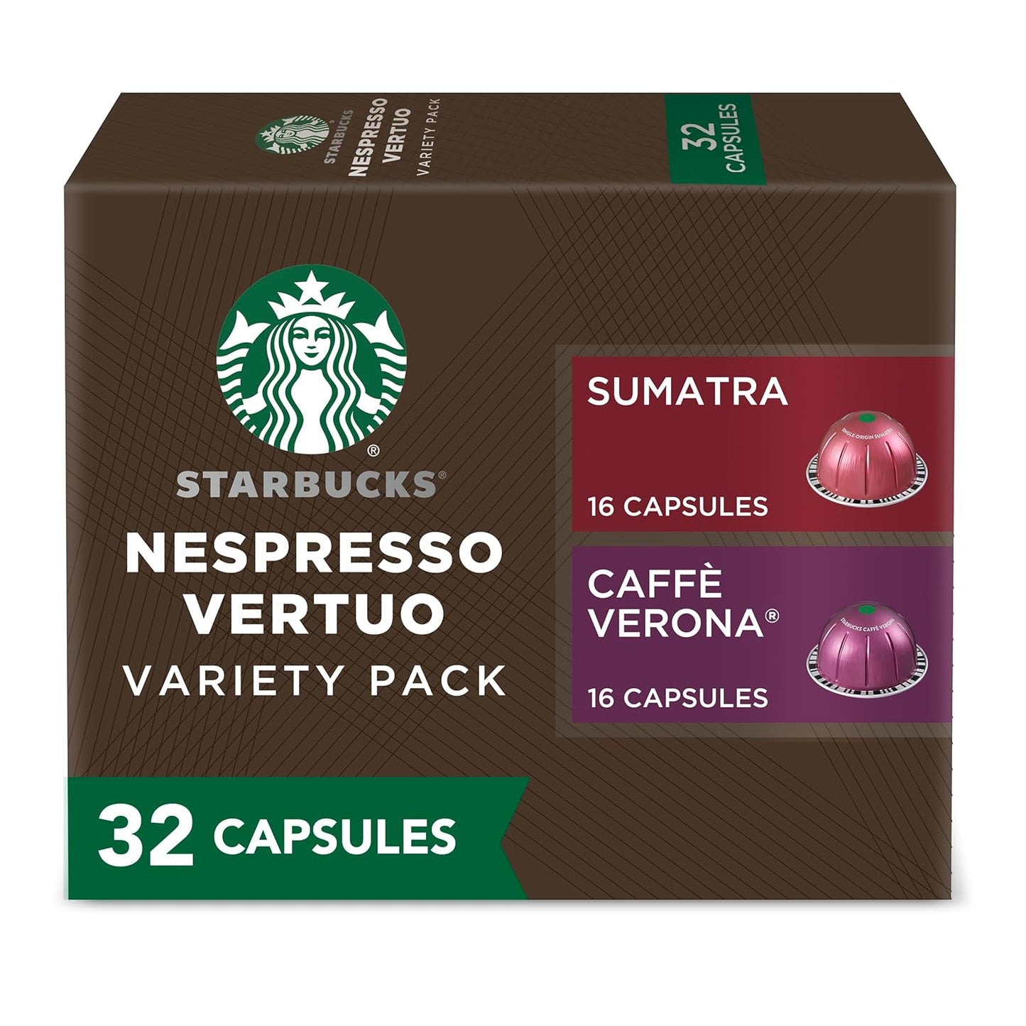 Single-origin Sumatra Starbucks by Nespresso Vertuo dark roast coffee pods, 32-count pack, brews 7.8 oz. coffee.
