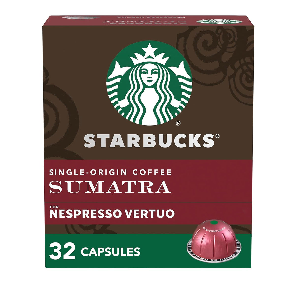 Starbucks by Nespresso Vertuo Sumatra dark roast coffee pods, 8-count pack, suitable for brewing 7.8 oz cups.