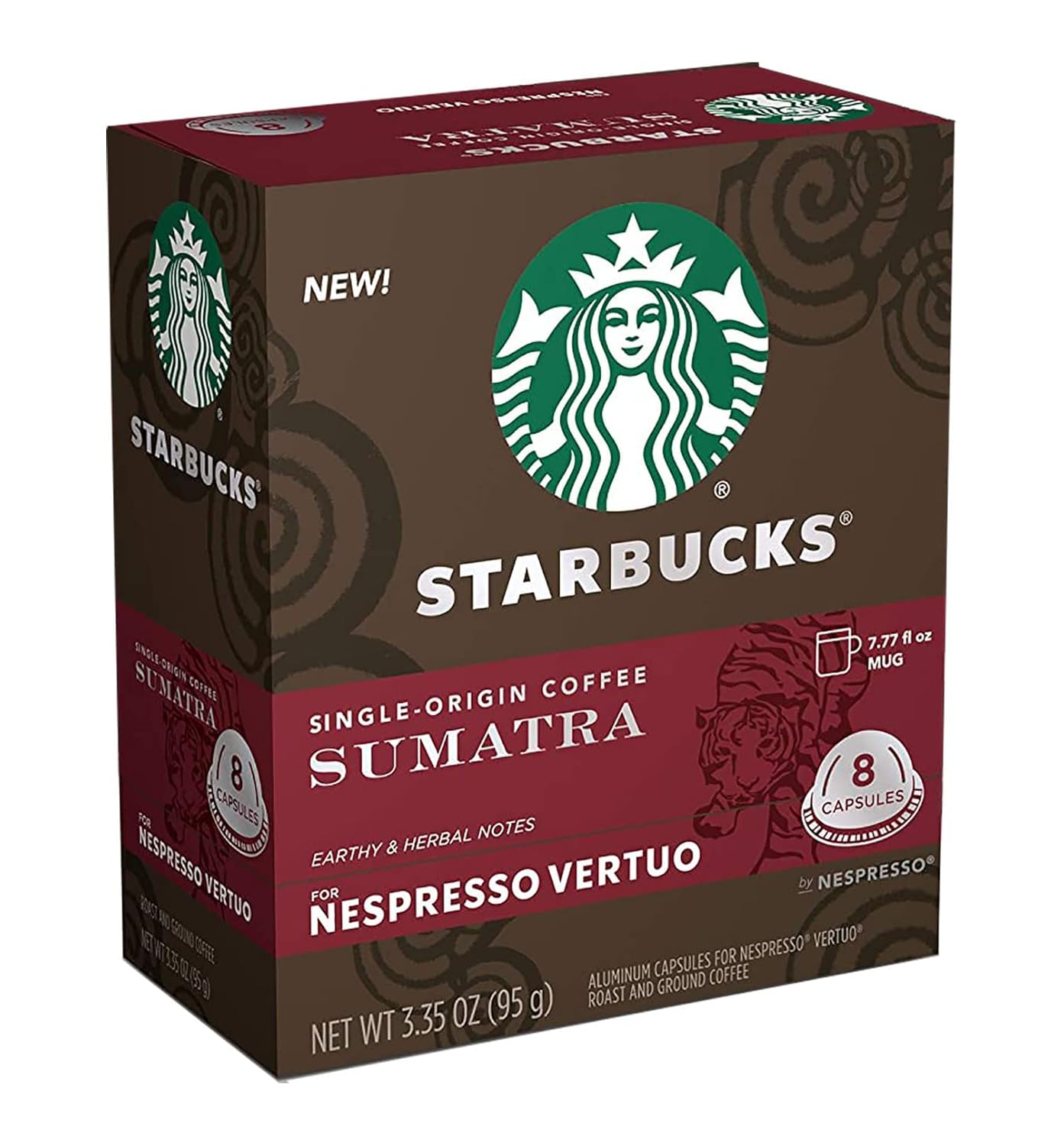 Pack of 32 Starbucks by Nespresso Vertuo Sumatra dark roast coffee pods for single-origin, brews 7.8 oz, natural coffee flavor.