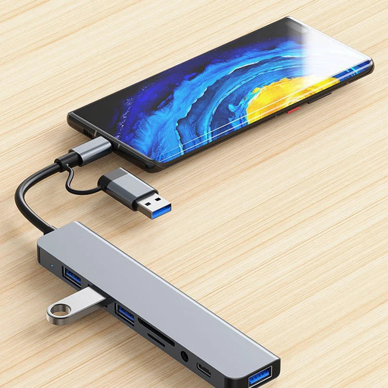 8-in-2 USB Type C hub docking station with 3.5mm audio jack, Micro SD card reader, for laptops, tablets, and phones.