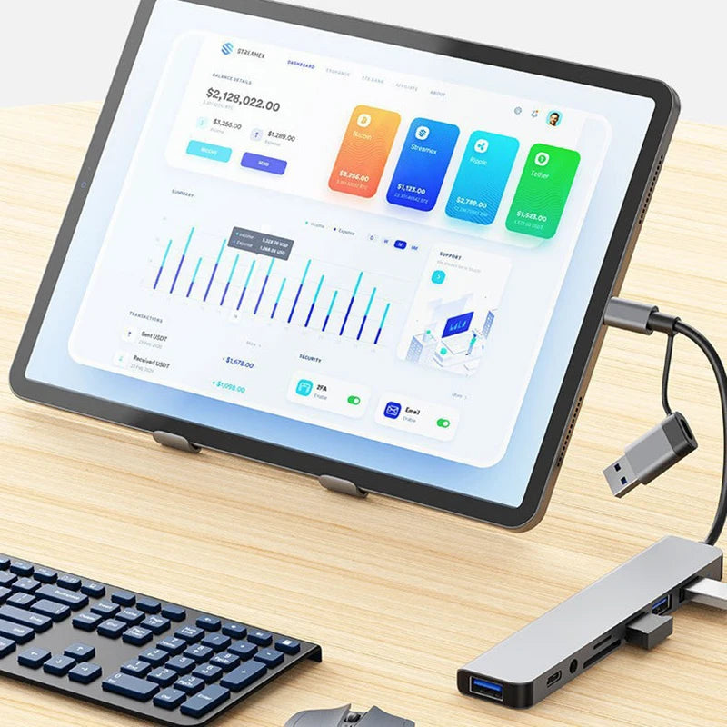 8-in-2 USB and Type-C hub docking station with 3.5mm audio jack, micro SD card reader for laptops, tablets, and phones