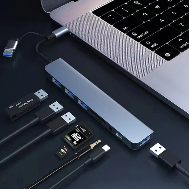 8-in-2 USB Type-C hub docking station with 3.5mm audio jack, micro SD card reader for laptops, tablets, and phones.