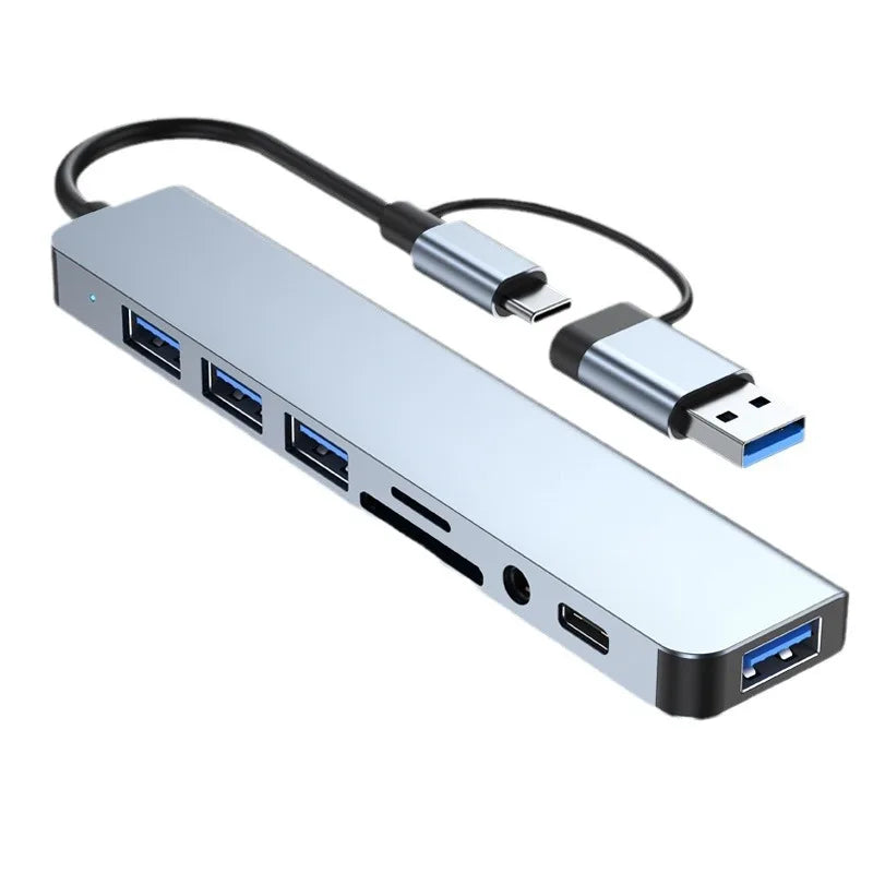 8-in-2 USB Type-C hub docking station with 3.5mm audio jack, Micro SD card reader for laptops, tablets, and phones.