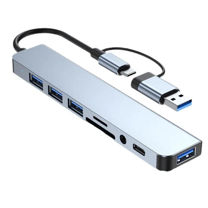 8-in-2 USB Type-C hub docking station with 3.5mm audio jack, Micro SD card reader for laptops, tablets, and phones.