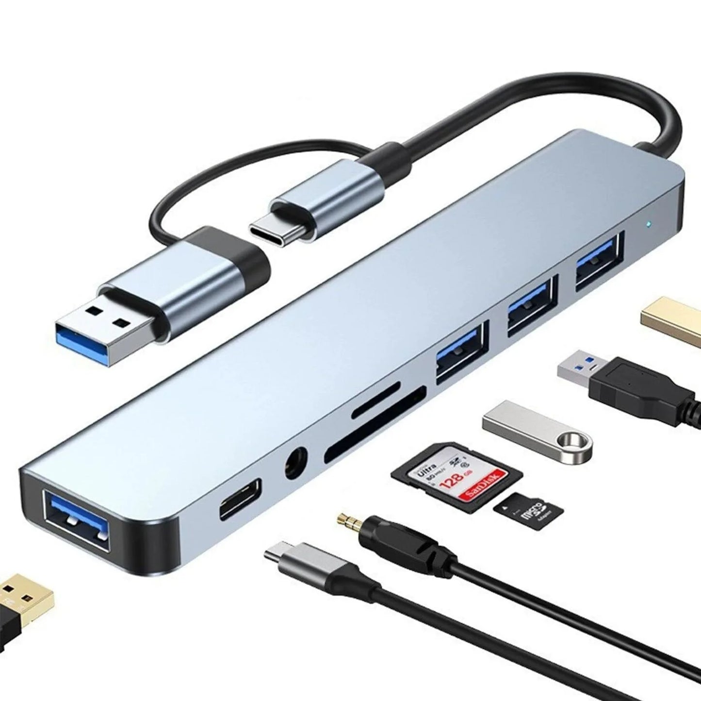 BackupMyFilesNow 8-in-1 USB 3.0 Type-C hub with SD/TF card reader, dual USB ports, 3.5mm audio jack for laptops