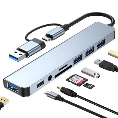 BackupMyFilesNow 8-in-1 USB 3.0 Type-C hub with SD/TF card reader, dual USB ports, 3.5mm audio jack for laptops