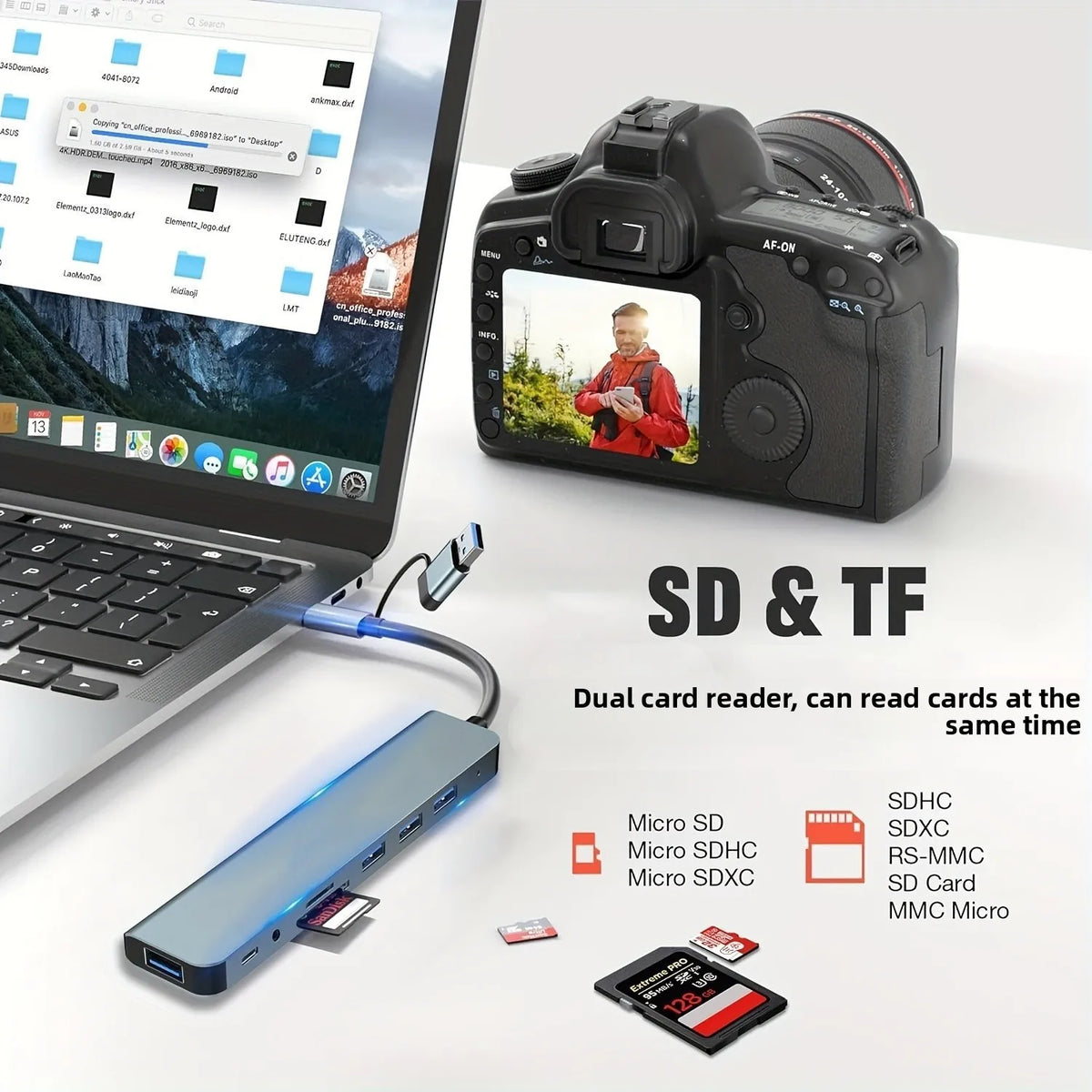 8-in-1 USB 3.0 hub with Type-C and dual-head design, SD/TF card reader, 3.5mm audio jack for laptops.