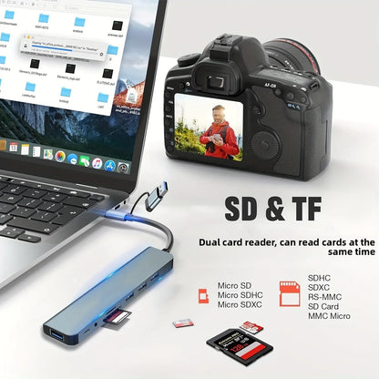 8-in-1 USB 3.0 hub with Type-C and dual-head design, SD/TF card reader, 3.5mm audio jack for laptops.