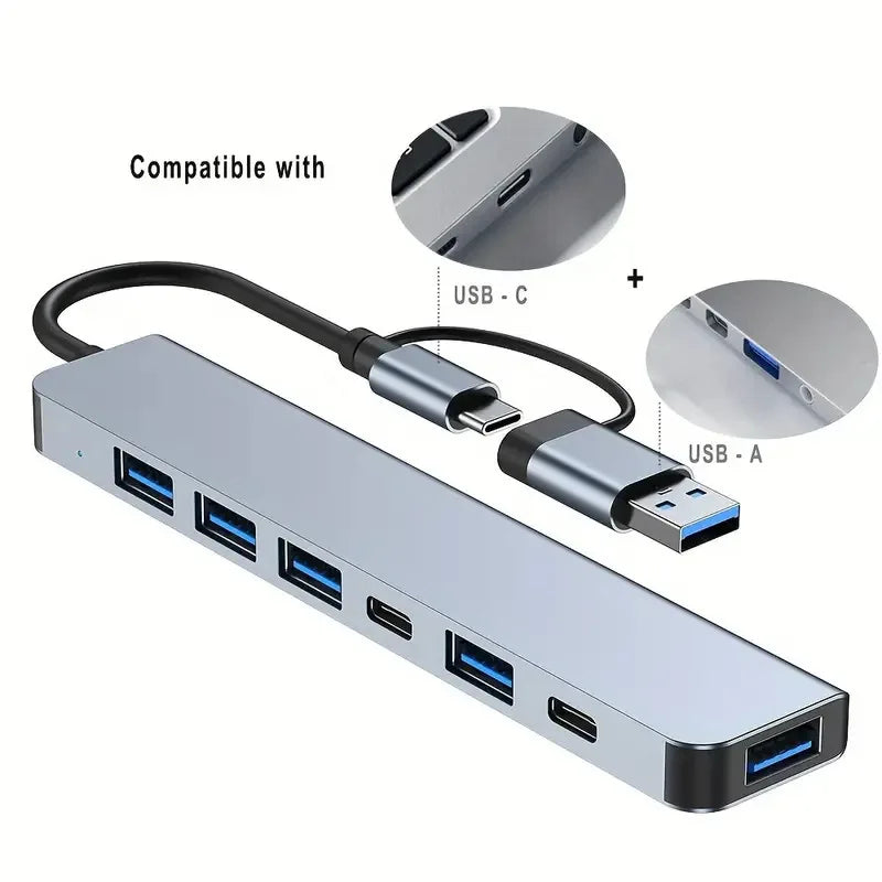 8-in-1 USB 3.0 dock with dual Type-C heads, SD/TF card reader, 3.5mm audio jack for laptops.