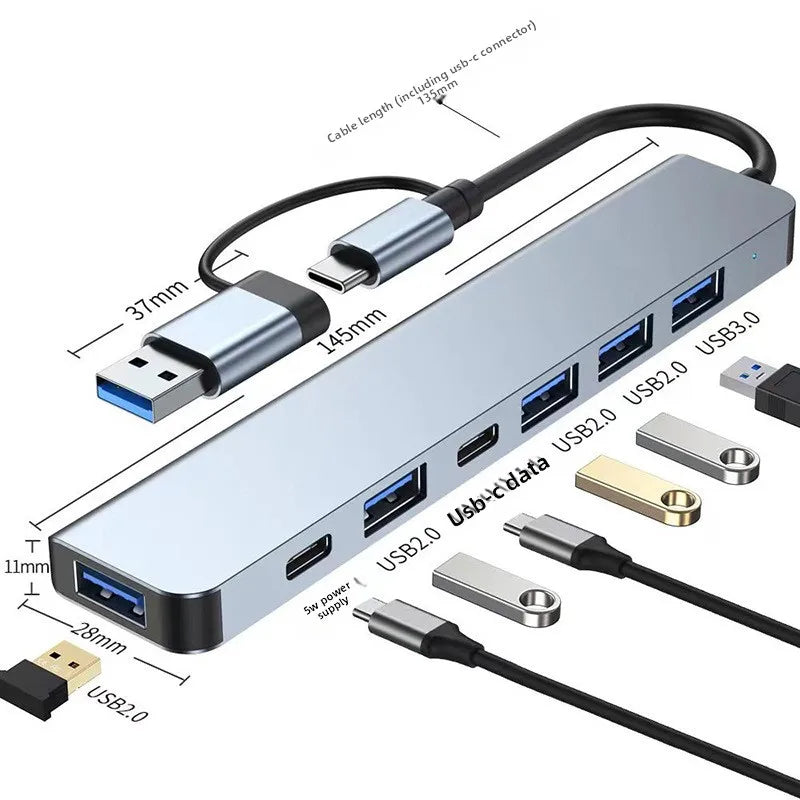 8-in-1 USB 3.0 Type-C hub with SD/TF card reader, 3.5mm audio jack, and dual-head design for laptops.