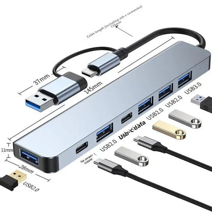 8-in-1 USB 3.0 Type-C hub with SD/TF card reader, 3.5mm audio jack, and dual-head design for laptops.