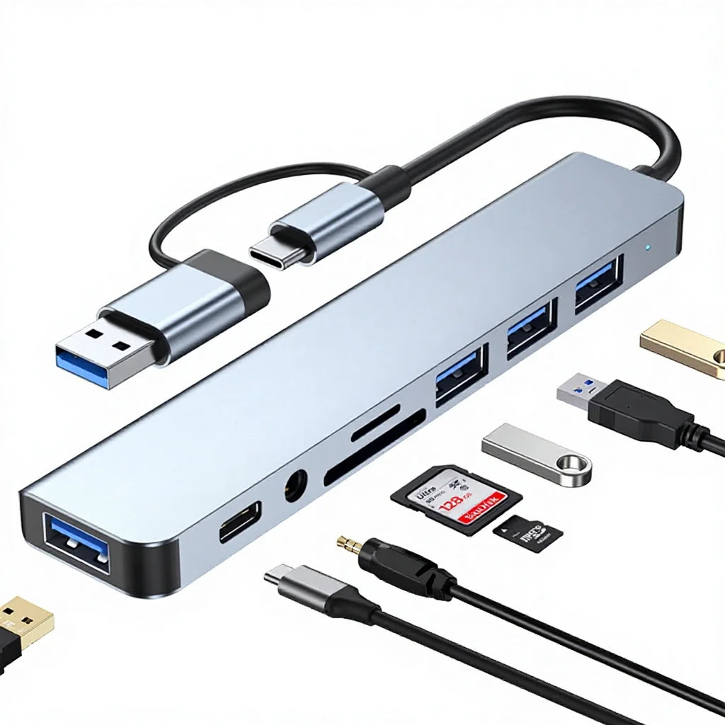 8-in-1 USB 3.0 Type-C dock with SD/TF card reader, dual-head hub, and 3.5mm audio jack for laptops.