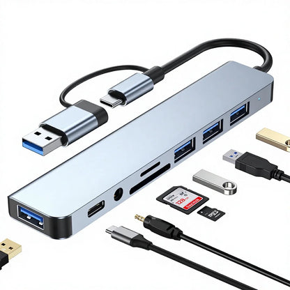 8-in-1 USB 3.0 Type-C dock with SD/TF card reader, dual-head hub, and 3.5mm audio jack for laptops.