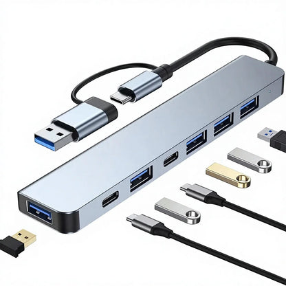 8-in-1 USB 3.0 hub with dual Type-C ports, SD/TF card reader, 3.5mm audio jack for laptops, by BackupMyFilesNow.com