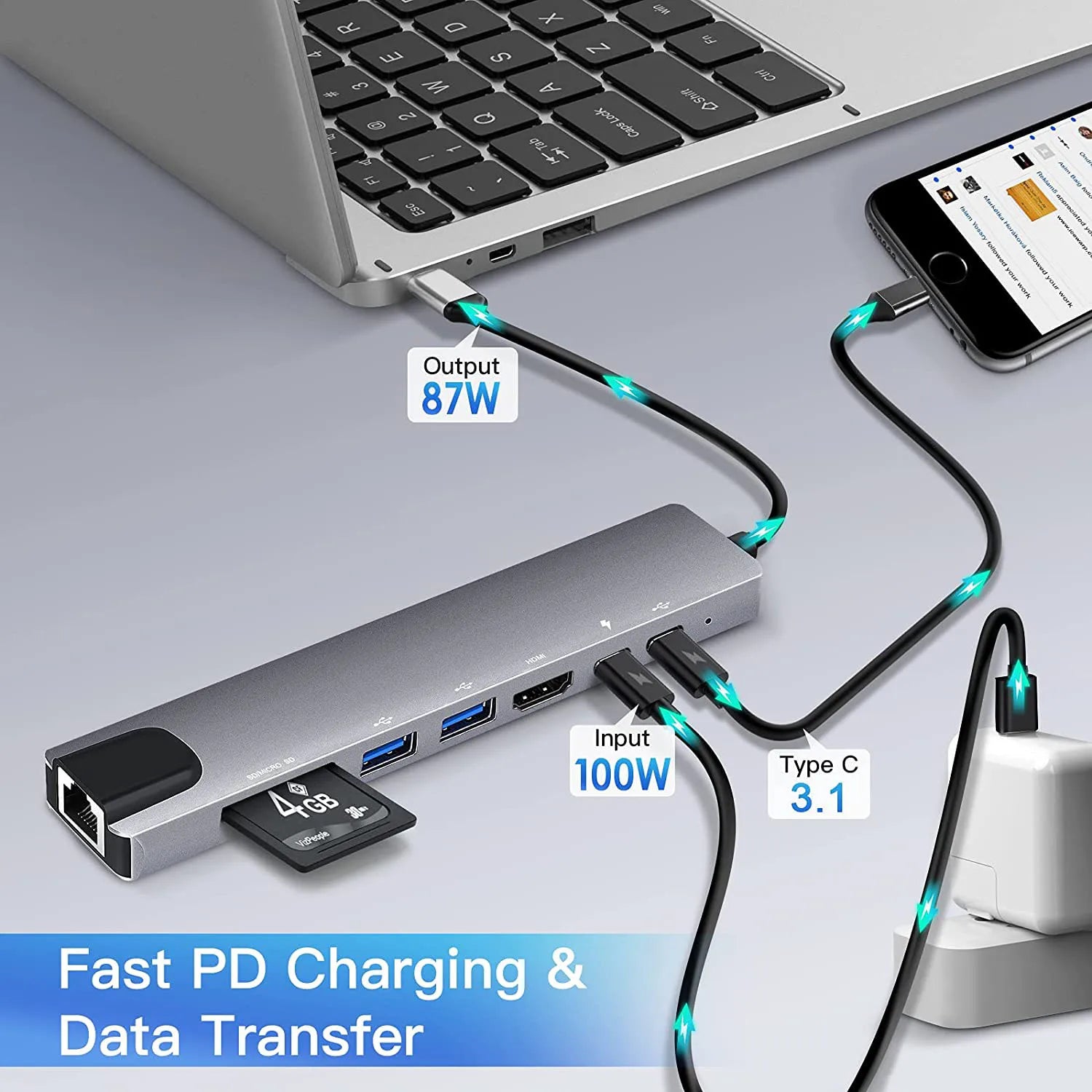 BackupMyFilesNow 8-in-1 USB C Hub with 4K HDMI, RJ45, SD/TF card reader, and fast charging for MacBook and laptops.