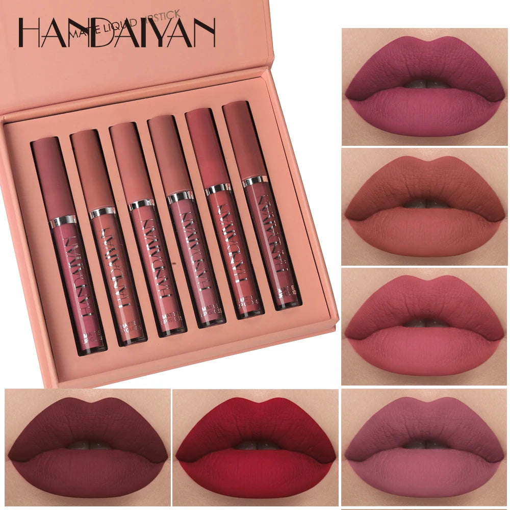 Set of 6 HANDAIYAN non-stick cup liquid lipsticks with matte finish, long-lasting lip gloss, resistant to fading in a gift box.
