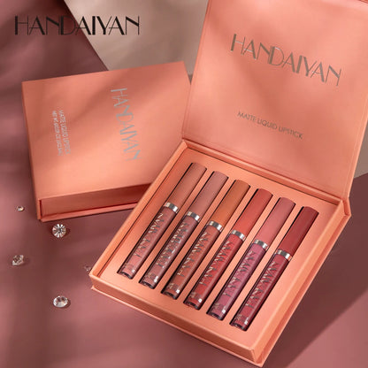 Set of 6 HANDAIYAN non-stick cup liquid lipsticks with matte finish, long-lasting lip gloss, resistant to fading, in a gift box.
