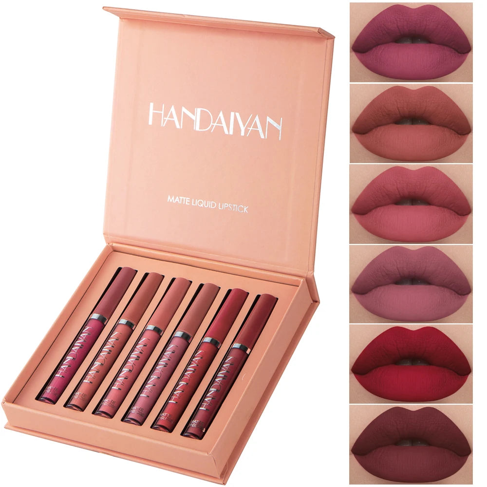 Set of 6 HANDAIYAN non-stick cup liquid lipsticks with matte finish, long-lasting lip gloss resistant to fading in a gift box.