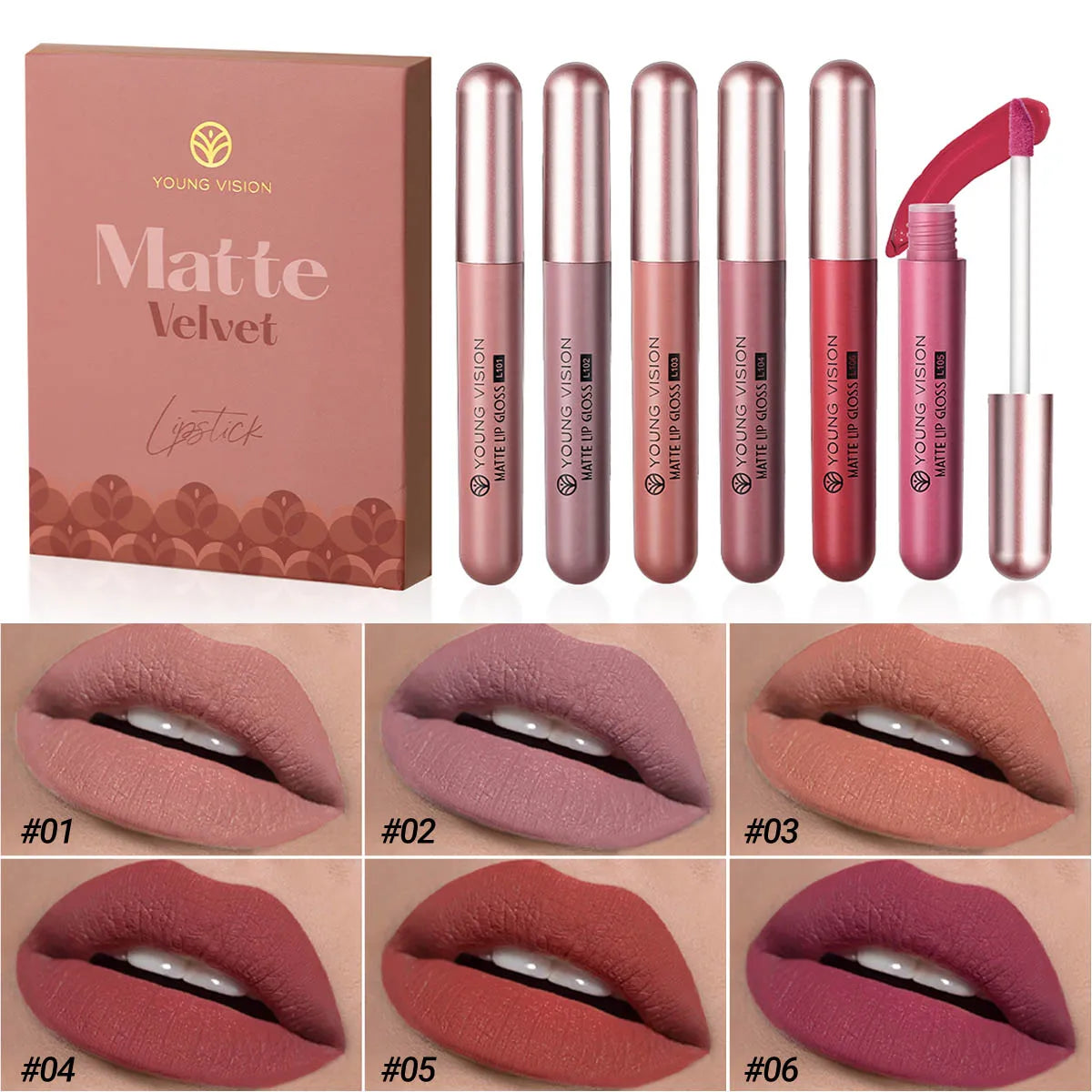 Set of 6 HANDAIYAN non-stick cup liquid lipsticks with matte finish, long-lasting lip gloss resistant to fading in a gift box.