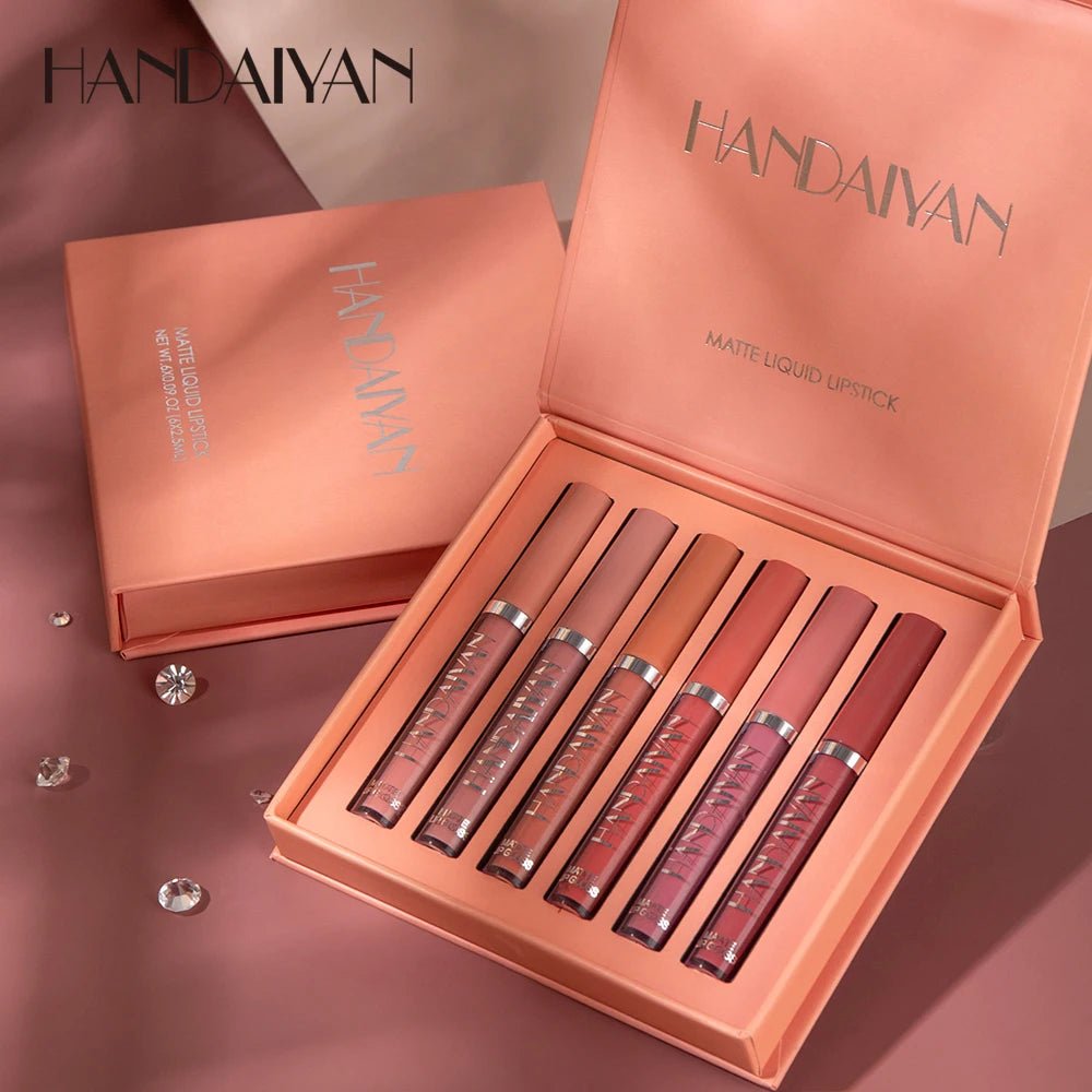 Set of 6 HANDAIYAN non-stick cup liquid lipsticks with matte finish, long-lasting lip gloss, resistant to fading in a gift box.