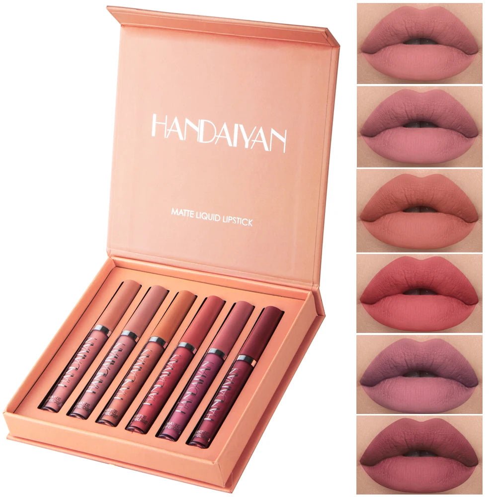 Set of 6 HANDAIYAN non-stick cup liquid lipsticks with matte finish, long-lasting lip gloss, resistant to fading in gift box.