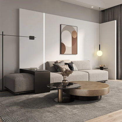 European luxury stainless steel round coffee table with tempered glass top, stylish living room furniture for modern homes.