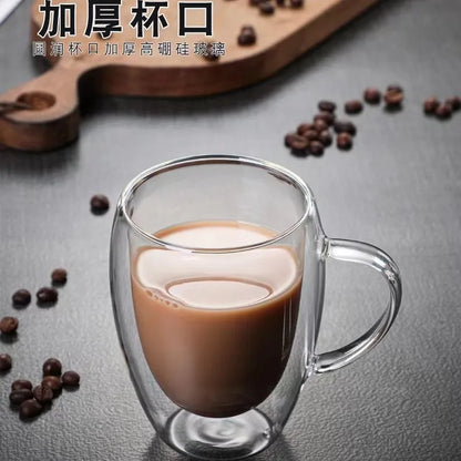 Two 80ml double-wall glass cups with handles, transparent handmade tea and coffee mugs, ideal for tea, whisky, or hot drinks.