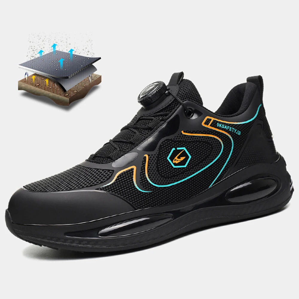 Steel toe work shoes for men, lightweight anti-smash and puncture-resistant safety boots with protective sneakers design.
