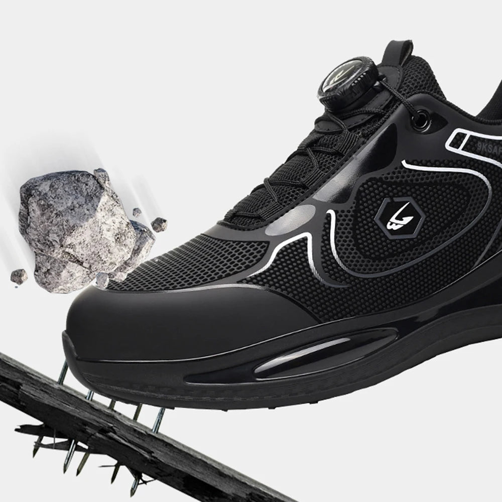 Steel toe work shoes for men with lightweight design, anti-smash and anti-puncture protection, durable safety sneakers.