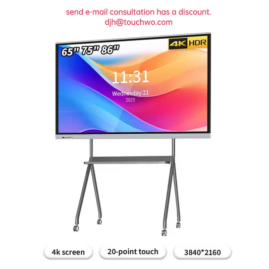 86-inch BackupMyFilesNow.com smart TV with 4K HD touchscreen, digital whiteboard, and mobility for classroom and conference use.