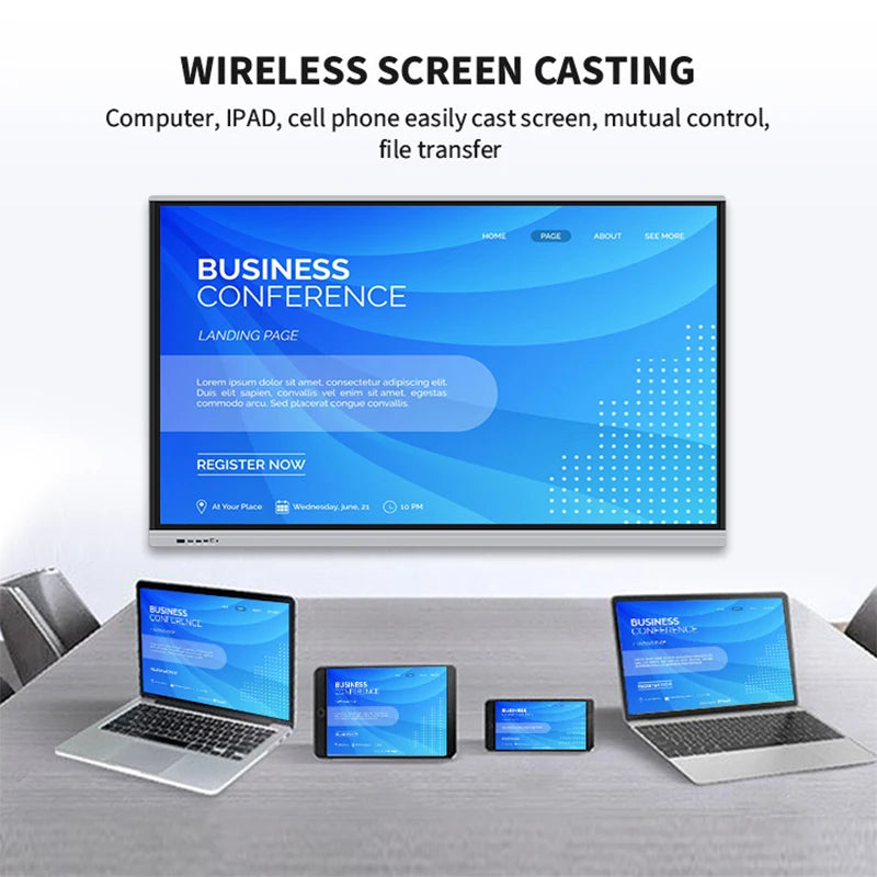 86-inch BackupMyFilesNow.com smart TV with 4K HD touchscreen, digital whiteboard, and wheels for classroom and conference use.