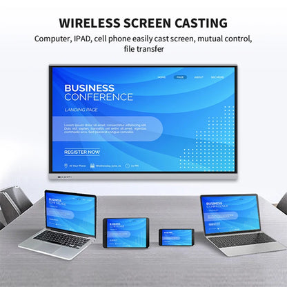 86-inch BackupMyFilesNow.com smart TV with 4K HD touchscreen, digital whiteboard, and wheels for classroom and conference use.