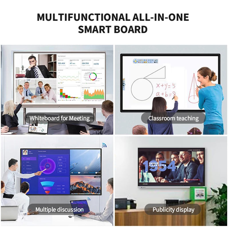 86-inch BackupMyFilesNow.com smart TV with 4K HD touch screen, electronic whiteboard, and mobile wheels for classroom and conference use.