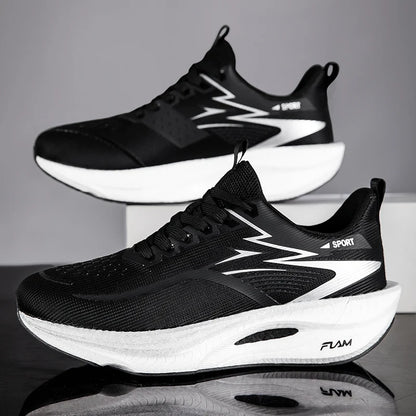 Men's running shoes with breathable mesh, lightweight design, air cushion, and nonskid soles for sports and marathon activities.
