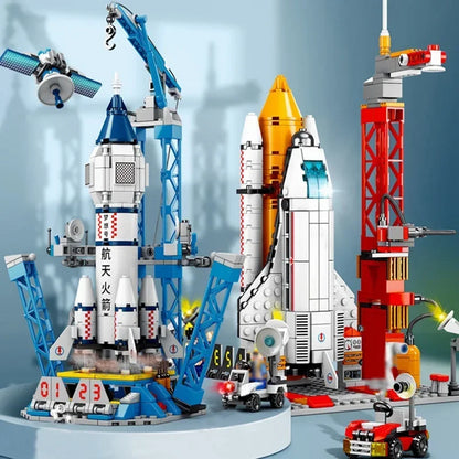 Aviation spaceport model space shuttle rocket launch center building blocks for kids, featuring spaceship bricks for educational play.