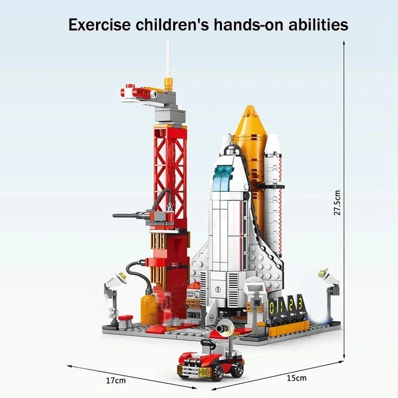 BackUpMyFileSNOW® aviation spaceport model with space shuttle and rocket launch center construction building blocks for kids education.