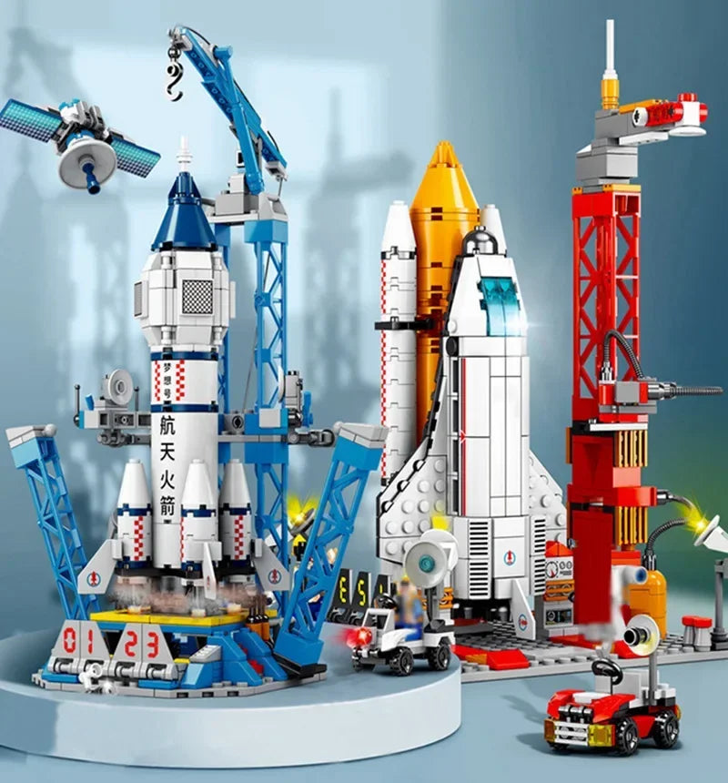 Aviation spaceport model with space shuttle, rocket launch center, and building blocks for kids' educational play and construction.