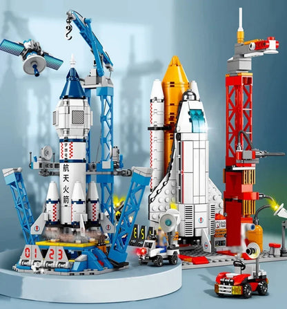 Aviation spaceport model with space shuttle, rocket launch center, and building blocks for kids' educational play and construction.