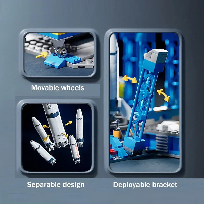 BackUpMyFileSNOW® aviation spaceport model with space shuttle, rocket launch center, and spaceship bricks for kids' educational play.