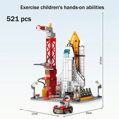 Aviation spaceport model with space shuttle rocket launch center, construction building blocks for kids educational play.