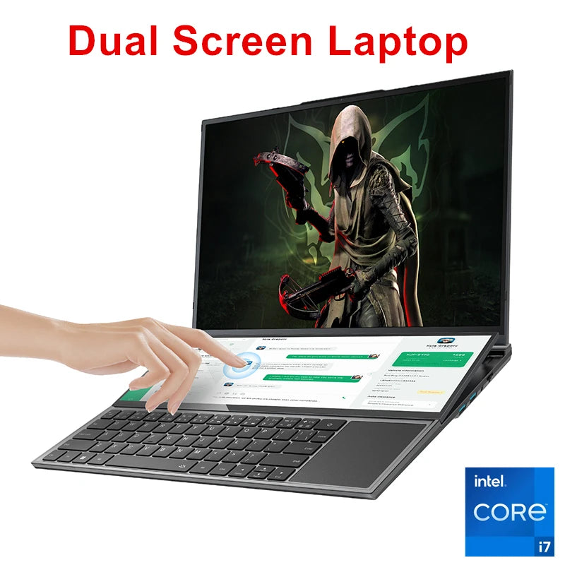 Dual-screen Topton gaming laptop with 16-inch IPS display, 14-inch touch screen, Intel i9 and i7, 64GB RAM, 4TB SSD, slim design