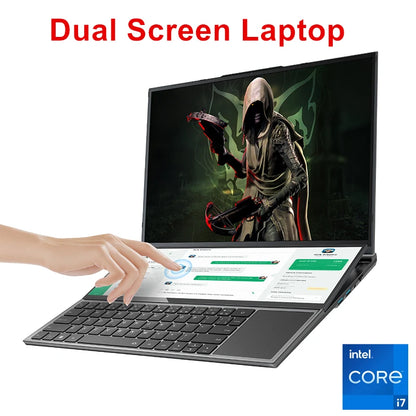 Dual-screen Topton gaming laptop with 16-inch IPS display, 14-inch touch screen, Intel i9 and i7, 64GB RAM, 4TB SSD, slim design