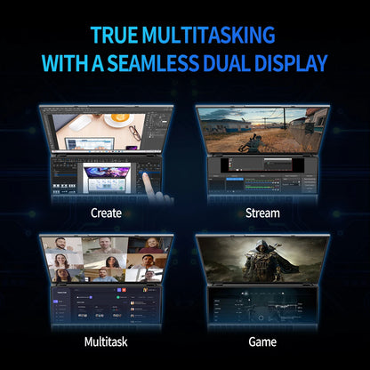 Topton dual-screen gaming laptop with 16-inch IPS display, 14-inch touch screen, Intel i9, 64GB RAM, 4TB storage, slim design