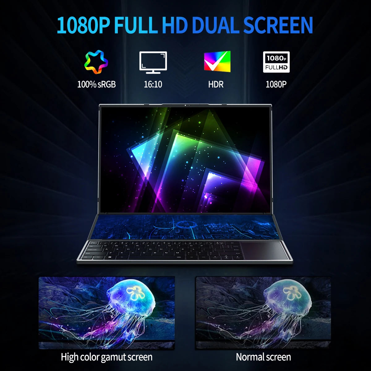 Topton dual-screen gaming laptop with 16-inch IPS display, 14-inch touch screen, Intel i9, 64GB RAM, and 4TB SSD.