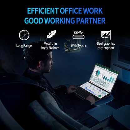 Topton dual-screen gaming laptop with 16-inch IPS display, 14-inch touch screen, Intel i9, 64GB RAM, 4TB SSD, slim design.
